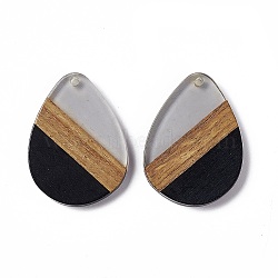 Opaque Resin & Walnut Wood Pendants, Water Drop Charms, Black, 35.5x26x3.5mm, Hole: 2mm(RESI-M027-04H)