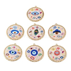 Printed Alloy Big Pendants, with Enamel, Flat Round with Evil Eye Charms, Rack Plating, Golden, Mixed Color, 59.5x55x3.5mm, Hole: 2.5mm(AL-CBAA786-01G)