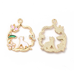 Alloy Enamel Pendants, with Rhinestone, Cadmium Free & Nickel Free & Lead Free, Golden, Flower with Cat & Flower Pattern, Pearl Pink, 27x22x2.5mm, Hole: 1.8mm(ENAM-C005-27G-01)