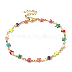 304 Stainless Steel Anklet, Enamel Colorful Star and Heart Chain for Women, Golden, 9-1/8 inch(23cm)(AJEW-B026-06G)