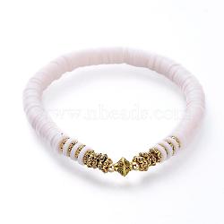Stretch Bracelets, with Polymer Clay Heishi Beads, Antique Golden Plated Alloy Spacer Beads and Brass Round Beads, White, 2-1/4 inch(5.7cm)(BJEW-JB05094-01)