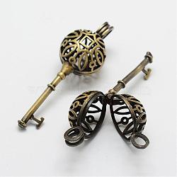 Brass Locket Pendants, Cage Pendants, Ball Cage Pendants, Hollow Key, Antique Bronze, 54x18x17mm, Hole: 3.5x5.5mm, 15mm inner diameter(KK-D528-17)
