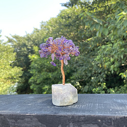 Natural Amethyst Chips Tree Decorations, Ntural Fluorite Base with Copper Wire Feng Shui Energy Stone Gift for Home Office Desktop Decoration, 80x120mm(PW-WG91683-04)