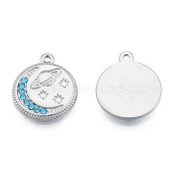 304 Stainless Steel Pendants, with Aquamarine Rhinestone, Flat Round with Moon & Planet, Stainless Steel Color, 16.5x14x2mm, Hole: 1.4mm(STAS-N098-155P)