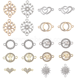 40Pcs 10 Styles Alloy Connector Charms with Crystal Rhinestone, Flat Round & Ring & Heart, Mixed Shapes, Platinum & Golden, 9~27x16~25x1.7~2.5mm, Hole: 1.5~2.4mm, 4pcs/style(ALRI-SC0001-34)