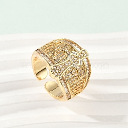 Brass Micro Pave Clear Cubic Zirconia Open Cuff Rings for Women, Cross, Real 18K Gold Plated, 19mm,  Inner Diameter: Adjustable(RJEW-A059-04G)