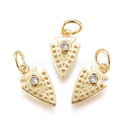 Brass Micro Pave Cubic Zirconia Charms, with Jump Rings, Inverted Triangle, Clear, Golden, 12.5x7x2mm, Jump Rings: 3mm(KK-D159-08G)