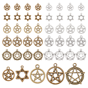 Elite 60Pcs 10 Style Tibetan Style Alloy Pendants, Ring with Star & Star of David & Flat Round with Star, Antique Bronze & Antique Silver, 19.5~30x16~27x1.5~2.5mm, Hole: 1.8~3mm, 6pcs/style