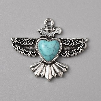 Synthetic Turquoise Pendants, with Antique Silver Tone Alloy Findings, Eagle with Heart, 28x34x6mm, Hole: 1.8mm