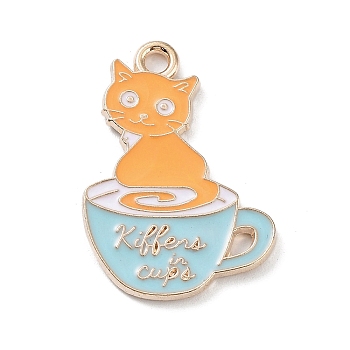 Alloy Enamel Pendants, Golden, Cup Cat with Word Charm, Saddle Brown, 25x17x1mm, Hole: 2mm