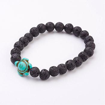 Lava Rock Beaded Stretch Bracelets, with Synthetic Turquoise(Dyed) Tortoise Bead, 2-1/8 inch(54mm)