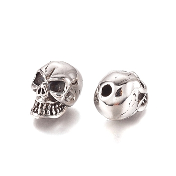 Halloween 304 Stainless Steel Beads, Skull Head, Antique Silver, 12.5x10.5x15mm, Hole: 2.8mm