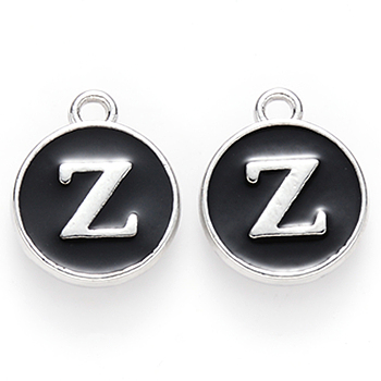 Platinum Plated Alloy Charms, Cadmium Free & Lead Free, with Enamel, Enamelled Sequins, Flat Round with Letter, Letter.Z, 14x12x2mm, Hole: 1.5mm