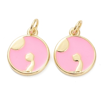 Brass Enamel Pendants, Long-Lasting Plated, Real 18K Gold Plated, Flat Round with Moon and Cat, Pink, 15.5x13x2mm, Hole: 3mm