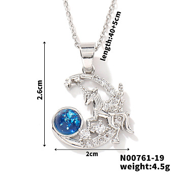 Starry Sky Theme Brass Pave Clear Cubic Zirconia Pendant Necklace for Women, Moon, 15.75 inch(40cm)