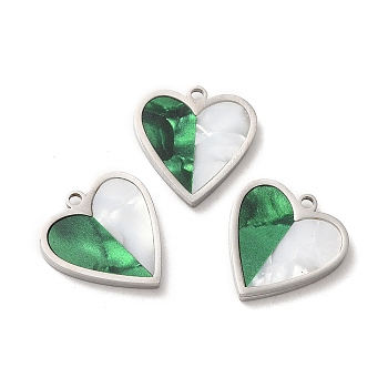 304 Stainless Steel Pendants, Heart Charms, with Synthetic Shell, Stainless Steel Color, 16x15x2mm, Hole: 1.5mm