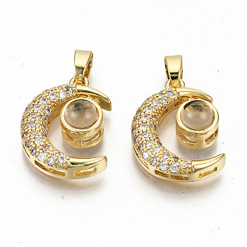 Brass Micro Pave Clear Cubic Zirconia Pendants, with Glass, Nickel Free, Moon, Real 16K Gold Plated, 19x14x7mm, Hole: 2.5x5mm