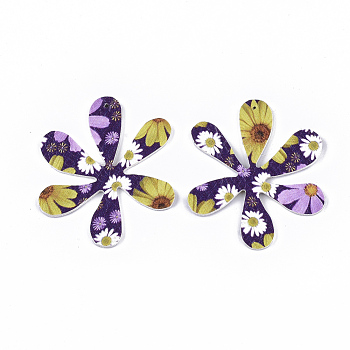 Printing PU Leather Pendants, with Double-Sided Flower Pattern, Flower, Purple, 45.5x40x2mm, Hole: 1mm