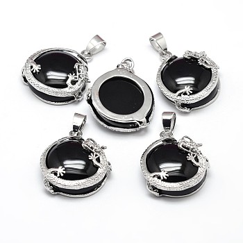 Flat Round with Dragon Platinum Plated Brass Natural Black Agate Pendants, Cadmium Free & Lead Free, 26.5x24x9mm, Hole: 7x4mm