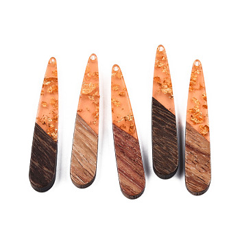 Transparent Resin & Walnut Wood Pendants, with Gold Foil, Teardrop, Light Salmon, 44x7.5x3mm, Hole: 1.5mm