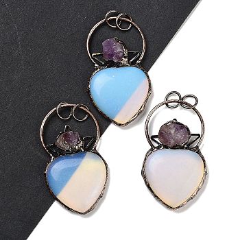 Opalite & Amethyst Big Pendants, Brass Heart Charms with Jump Rings, Red Copper, 55~57x32~33x9~11mm, Hole: 6.6mm