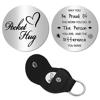1Pc 201 Stainless Steel Commemorative Coins, Pocket Hug Coin, Inspirational Quote Coin, Flat Round, Stainless Steel Color, with 1Pc PU Leather Guitar Clip, Word Be Proud Of The Work You Do, Word, 30x2mm