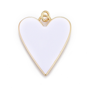 Brass Enamel Pendants, Real 18K Gold Plated, Long-Lasting Plated, Heart, White, 27x22x2mm, Hole: 3mm, jump rings: 5x1mm