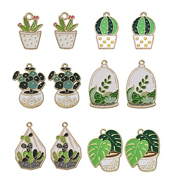 30Pcs 6 Styles Alloy Enamel Pendants, Potted Plant & Aquatic Plant Charm, Light Gold, Mixed Color, 22~33.5x14~20x1.5mm, Hole: 1.6mm, 5pcs/style