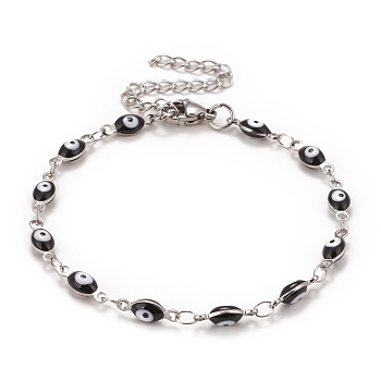 Enamel Horse Eye Link Chains Bracelet, 304 Stainless Steel Jewelry for Women, Stainless Steel Color, Black, 6-3/4 inch(17.1cm)