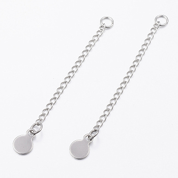 304 Stainless Steel Chain Extender, Curb Chains, with Flat Round Charms, Stainless Steel Color, 67x2.5mm, Hole: 3.5mm