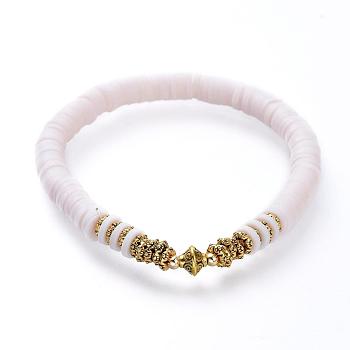 Stretch Bracelets, with Polymer Clay Heishi Beads, Antique Golden Plated Alloy Spacer Beads and Brass Round Beads, White, 2-1/4 inch(5.7cm)
