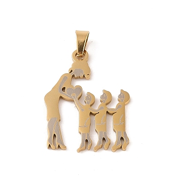 Mother's Day Ion Plating(IP) 304 Stainless Steel Pendants, Laser Cut, Mother and Child Charm, Real 18K Gold Plated, 33x24x1mm, Hole: 6x4mm