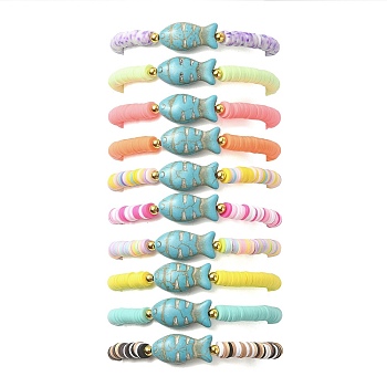 Polymer Clay Heishi Surfer Stretch Bracelet, Synthetic Turquoise Fish Bracelet, Mixed Color, Inner Diameter: 2-1/4 inch(5.7cm)