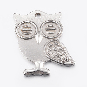 Tarnish Resistant 304 Stainless Steel Pendants, Owl, Stainless Steel Color, 28.5x26x2.5mm, Hole: 2.5mm