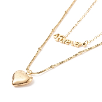Double Chains Multi Layered Necklaces with Heart and Word Forever Pendants, Ion Plating(IP) 304 Stainless Steel Jewelry for Women, Golden, 14.96 inch(38cm)
