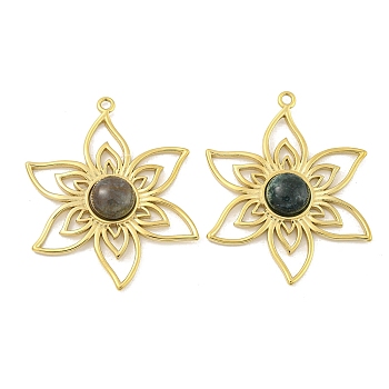 Natural Agate Hollow Pendants, 304 Stainless Steel Flower Charms, Real 14K Gold Plated, 48x38.5x6mm, Hole: 2.2mm