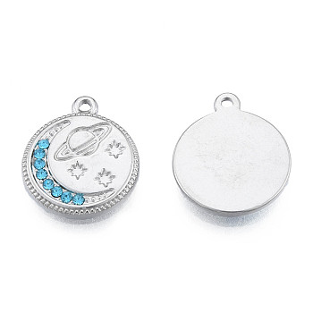 304 Stainless Steel Pendants, with Aquamarine Rhinestone, Flat Round with Moon & Planet, Stainless Steel Color, 16.5x14x2mm, Hole: 1.4mm