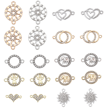 40Pcs 10 Styles Alloy Connector Charms with Crystal Rhinestone, Flat Round & Ring & Heart, Mixed Shapes, Platinum & Golden, 9~27x16~25x1.7~2.5mm, Hole: 1.5~2.4mm, 4pcs/style
