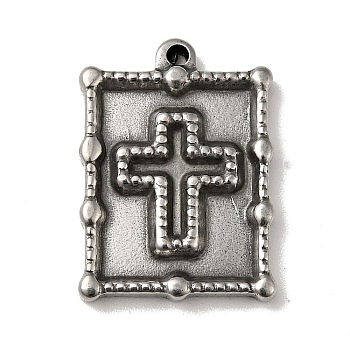 304 Stainless Steel Pendants, Rectangle with Cross Pattern Charms, Antique Silver, 21x15x3mm, Hole: 1.2mm