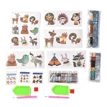 DIY Animal Theme Diamond Painting Stickers Kits For Kids, with Diamond Painting Stickers, Rhinestones, Diamond Sticky Pen, Tray Plate and Glue Clay, Mixed Color, 20.5x16x0.03cm