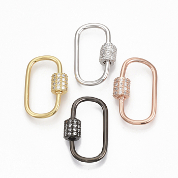 Brass Micro Pave Clear Cubic Zirconia Screw Carabiner Lock Charms, for Necklaces Making, Oval, Mixed Color, 24.5~26x15.5x1.5mm, Screw: 6.5x6mm