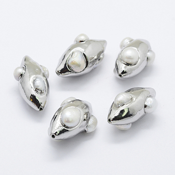 Natural Cultured Freshwater Pearl Beads, Edge Platinum Plated, Olive, 32~34x16~19mm, Hole: 1mm