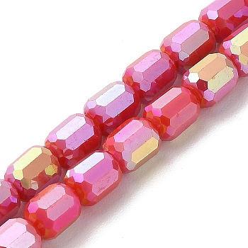 Electroplate Glass Beads Strands, Opaque Solid Color, AB Color Plated, Faceted, Column, Orange Red, 6x7~7.5mm, Hole: 1mm, about 72~73pcs/strand, 21.06~21.14''(53.5~53.7cm)