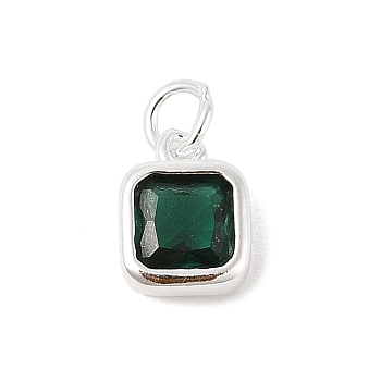 925 Sterling Silver Pave Cubic Zirconia Square Charms with Jump Rings and 925 Stamp, Silver Color Plated, Dark Green, 8.5x6.5x3.5mm, Hole: 2.5mm