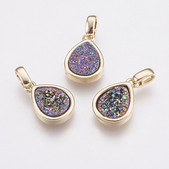 Natural Druzy Agate Pendants, with Brass Finding, teardrop, Golden, Colorful, 14.5x10x3~4mm, Hole: 2x2.5mm