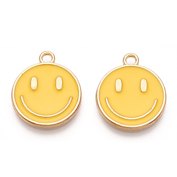 Light Gold Tone Alloy Enamel Pendants, Flat Round with Smiling Face Charms, Light Gold, 19x16x1.5mm, Hole: 1.8mm
