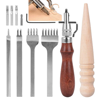 High Carbon Steel Leather Crafting Tools, with Wood, Leather Working Tools Kit, for Stitching Punching Cutting Sewing Leather Craft Making, Stainless Steel Color, 11pcs/set