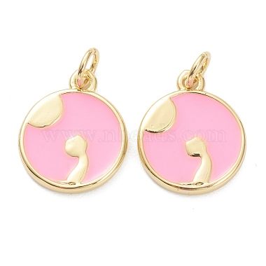 Real 18K Gold Plated Pink Flat Round Brass+Enamel Pendants