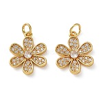 Brass Micro Pave Clear Cubic Zirconia Pendants, Flower Charms, Real 18K Gold Plated, 18x14.5x3mm, Hole: 3.5mm(KK-D221-06G)