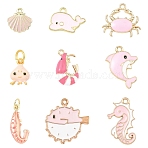 9Pcs 9 Styles Alloy Enamel Pendants, Golden, Pink, 13~25x9.5~22x1~3.5mm, Hole: 1~4mm, 1pc/style(ENAM-YW0008-11)